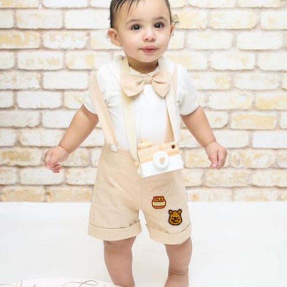 Classic Winnie the Pooh Beige Boy First Birthday Outfit Clothes Suspenders crown - Picture 2 of 10